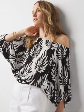 NWT White House Black Market Pleated Off the Shoulder Print Blouse